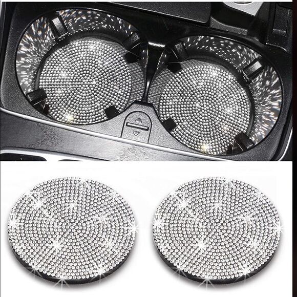 Silver Bling Rhinestone Car Cup Holder Coaster, 2 Pack - Picture 2 of 5